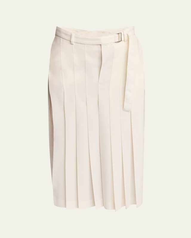 Pleated Belted Wool Midi Skirt